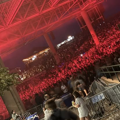 Sea of fans bathed in red stage light